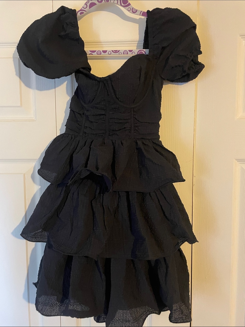 PrettyLittleThing Black Tiered Midi Dress with Puff Sleeves